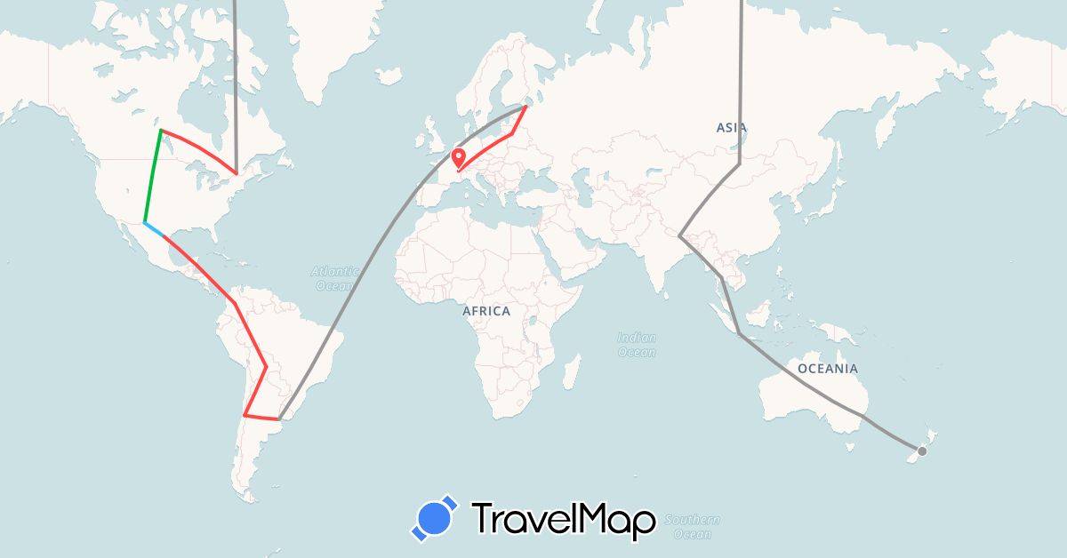 TravelMap itinerary: bus, plane, hiking, boat in Argentina, Australia, Bolivia, Canada, Switzerland, Chile, Colombia, Indonesia, Lithuania, Mongolia, Nepal, New Zealand, Russia, Thailand, United States (Asia, Europe, North America, Oceania, South America)